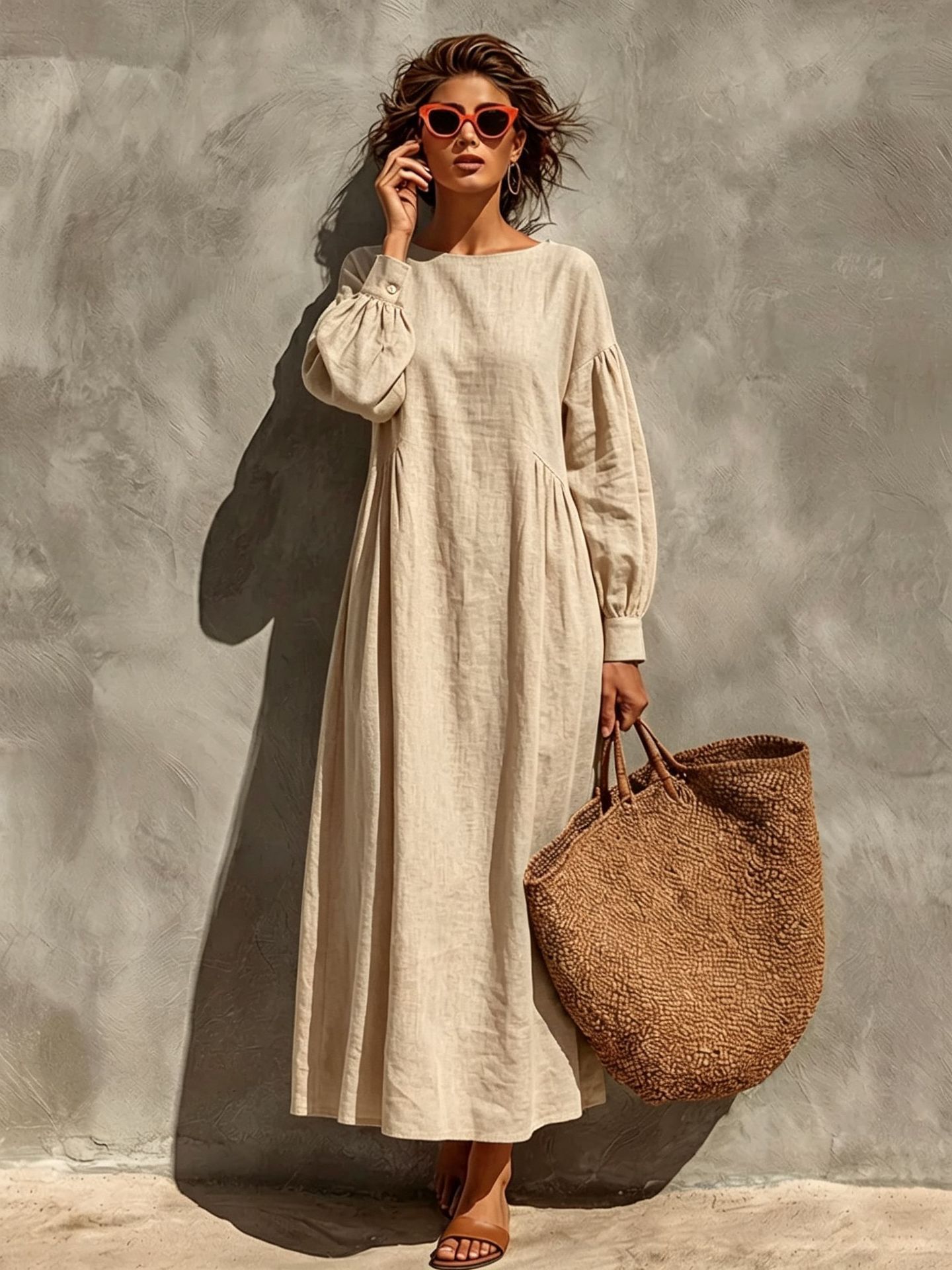 Women's Solid Color Lantern Sleeve Ruched Loose A-Line Midi Dress