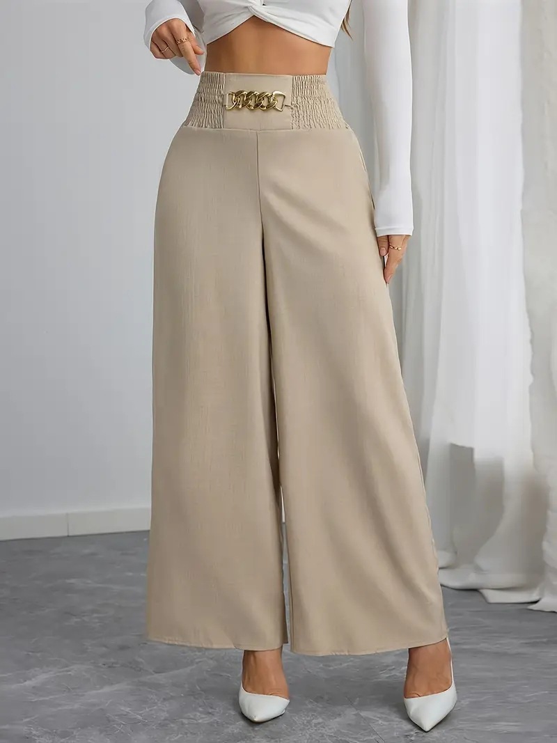 High-Waist Chain Smocked Wide-Leg Pants