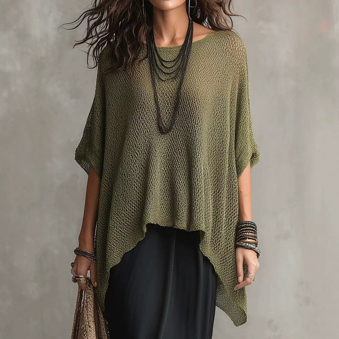 Women's Open Knit Top with Asymmetric Hem and Batwing Sleeves