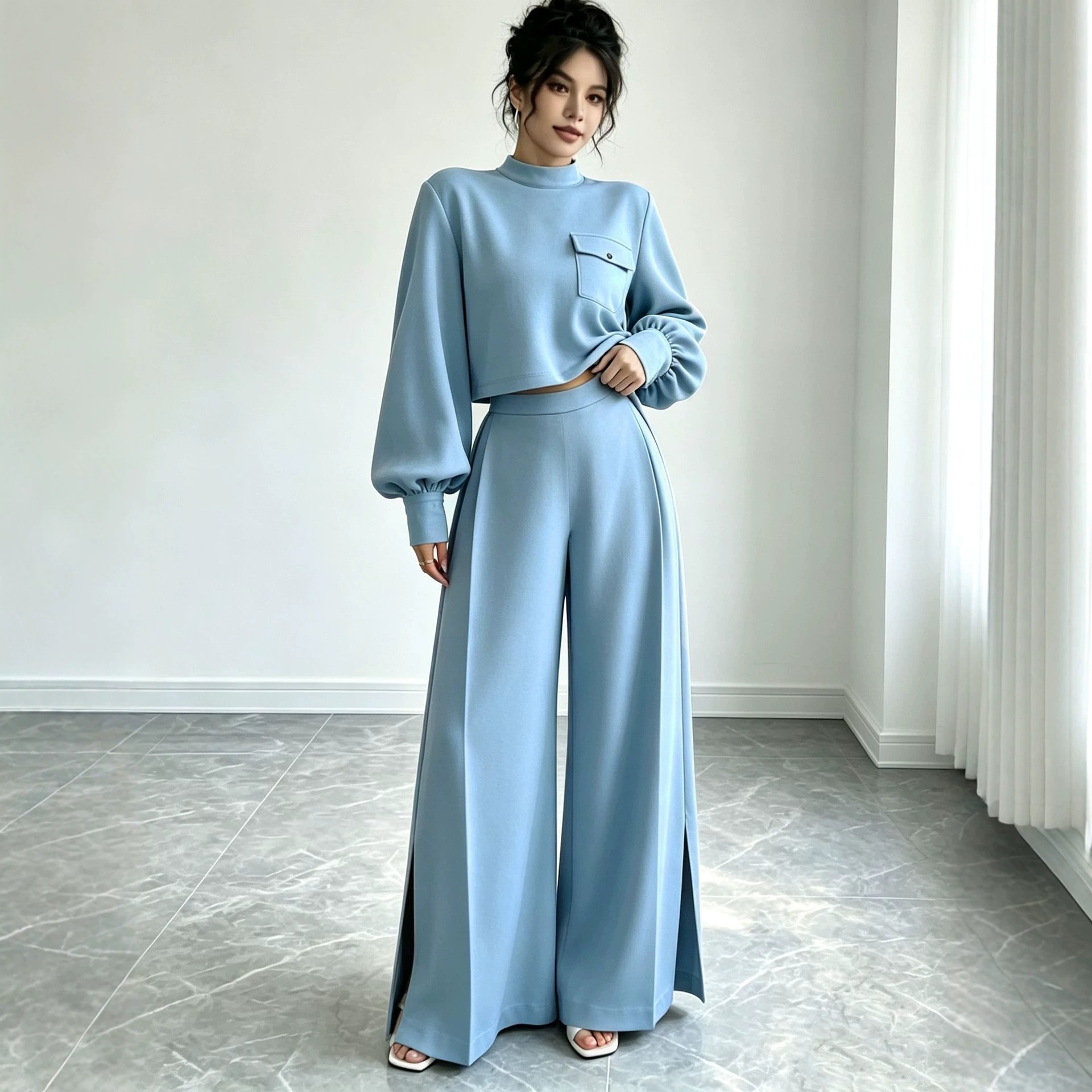 Women's Solid Color Wide-Leg Pants Set with Long-Sleeve Cropped Top