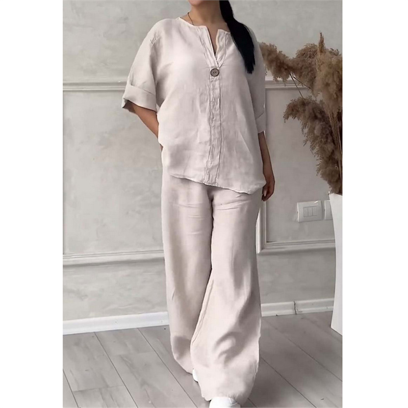 Women's Solid Color Short Sleeve Shirt and Long Pants Set Casual Two-Piece Outfit