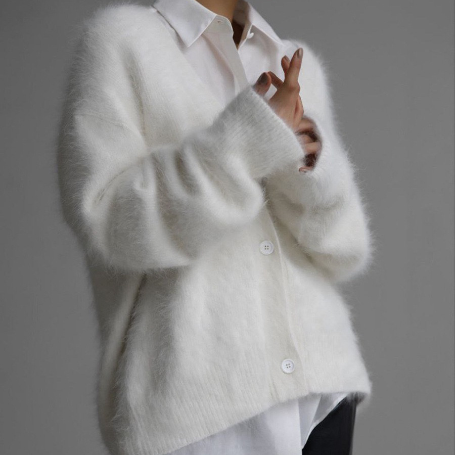 Faux Mink Knit Cardigan Sweater Women's Loose V-Neck Long Sleeve Button Front