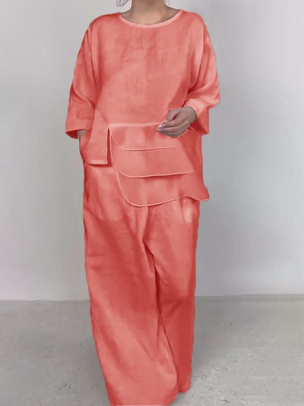 Crewneck Satin Layered Top & Wide-Leg Pants Set