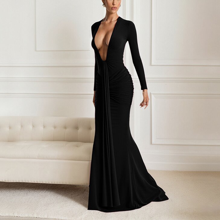Elegant Solid Deep V-Neck Waist-Cinching Ribbon Mermaid Long Sleeve Dress