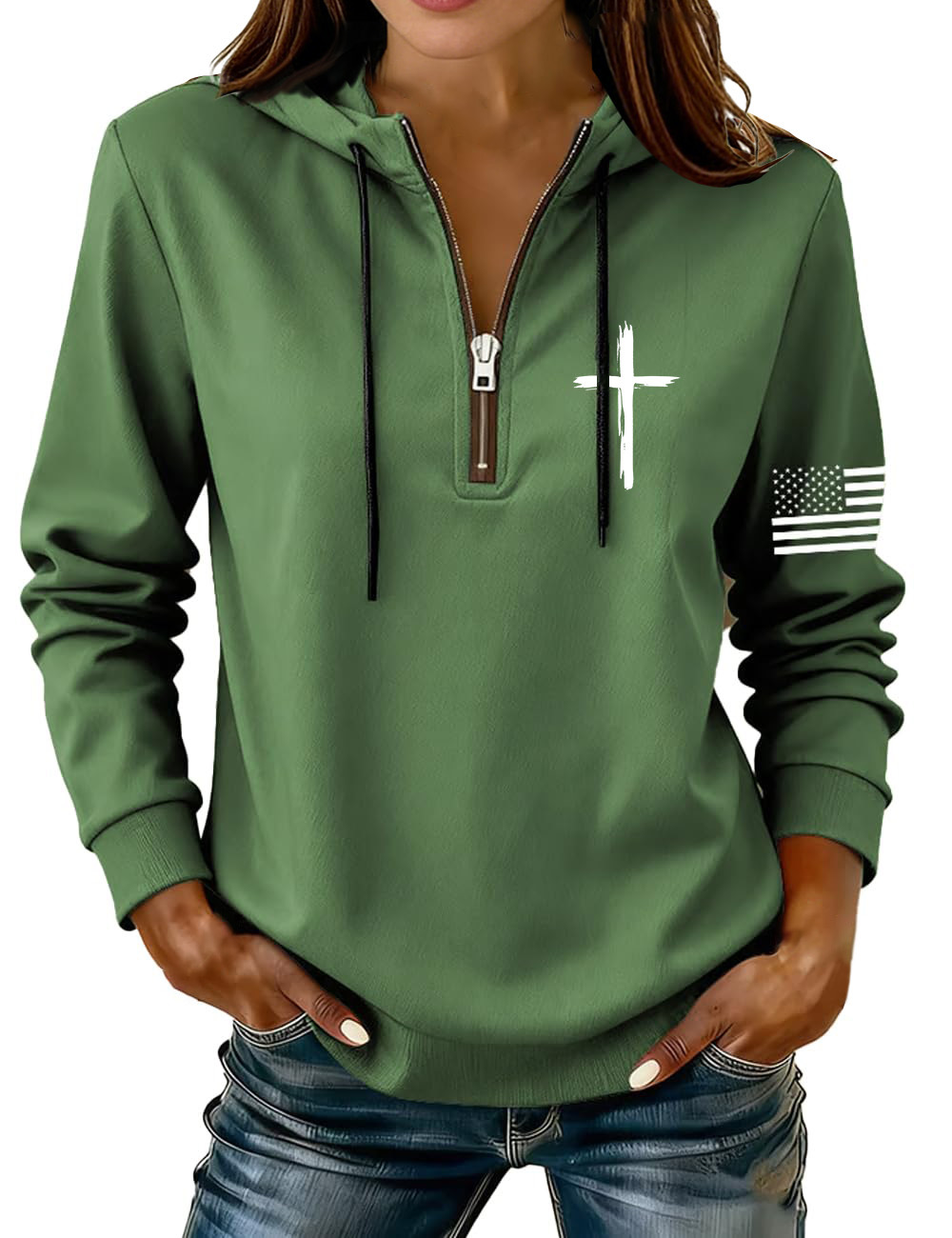 Cross & American Flag Print Half-Zip Hoodie