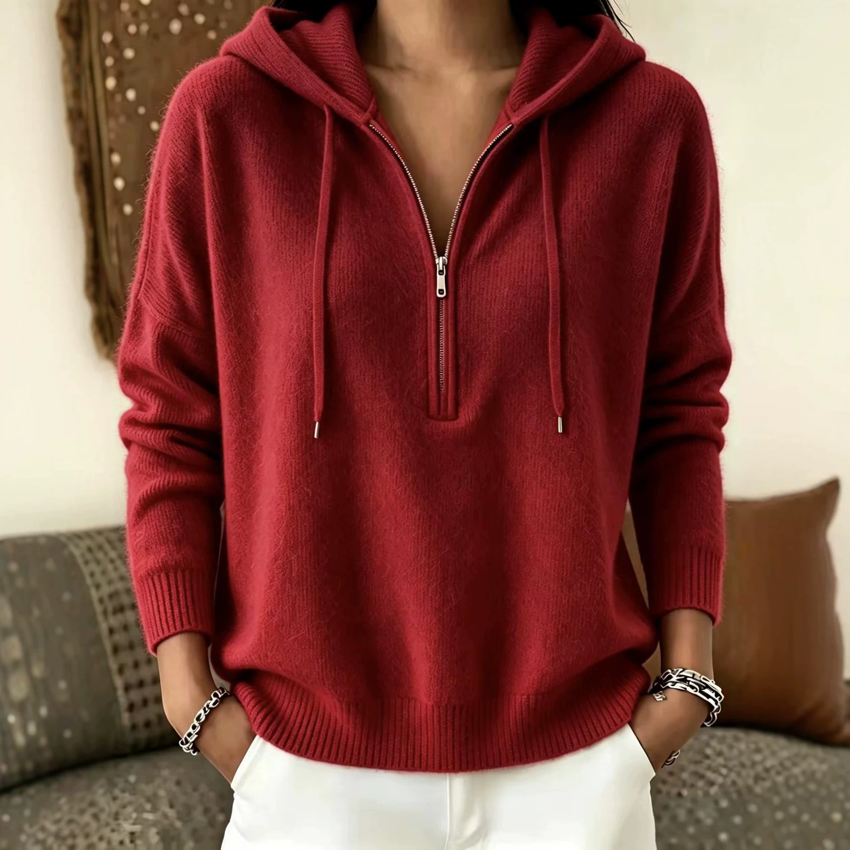 Women's Half-Zip Hooded Sweater Solid Color Loose Fit Pullover