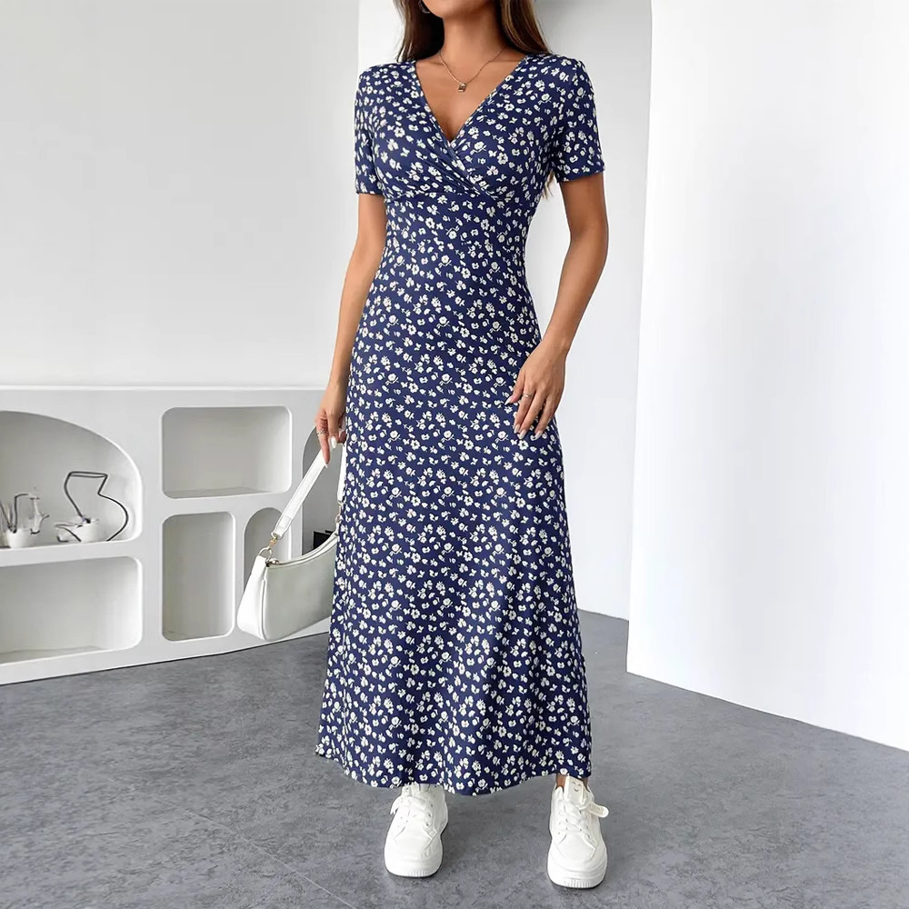 Women's Floral V-Neck Short Sleeve High Waist Midi Dress