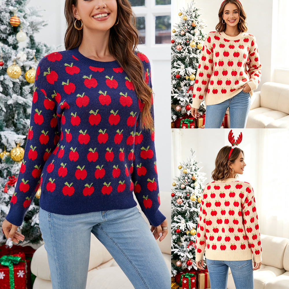 Plus Size Christmas Color-Block Knit Sweater Long Sleeve Pullover
