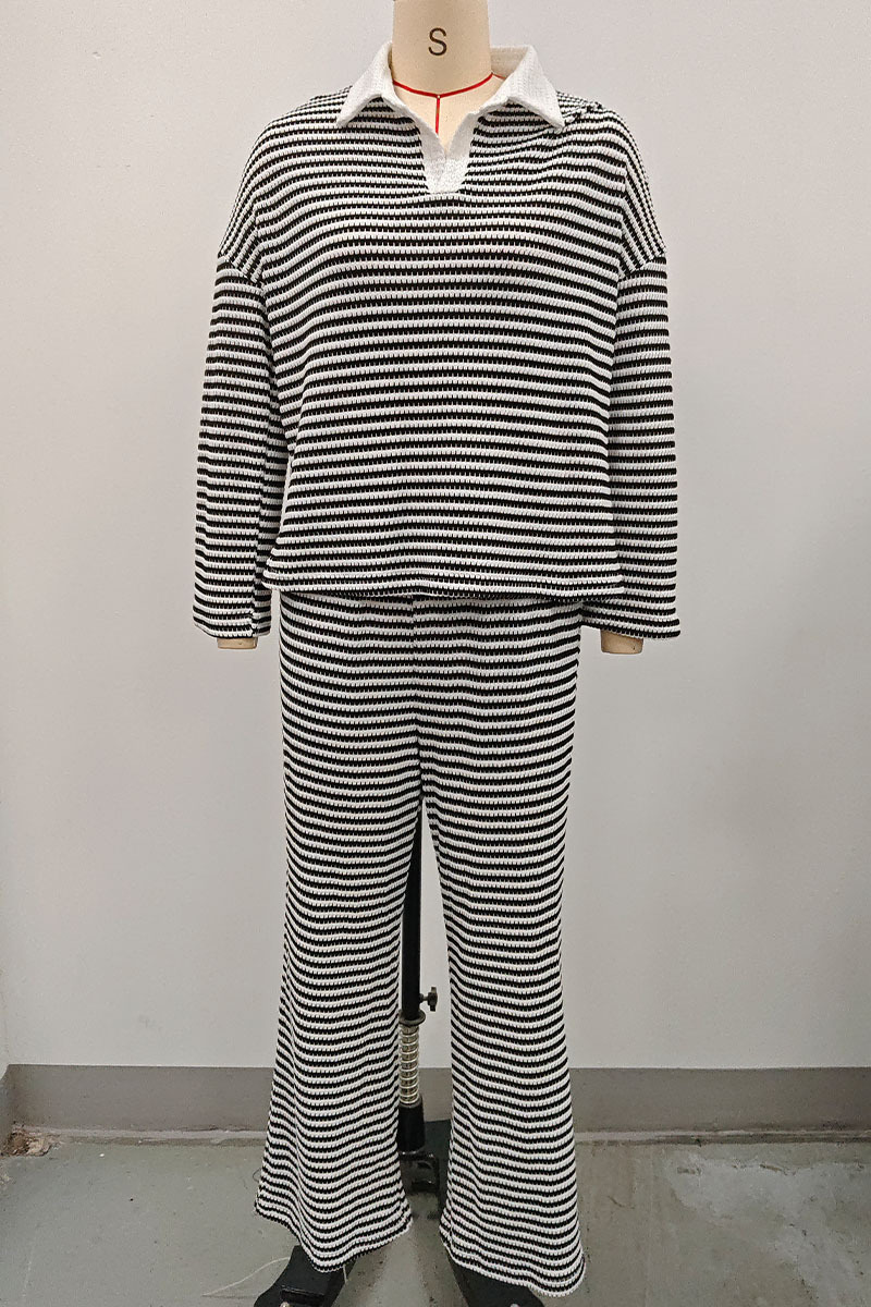 Striped Collar Neck Knit Two-Piece Set with Long Sleeve Top and High-Waist Wide-Leg Pants