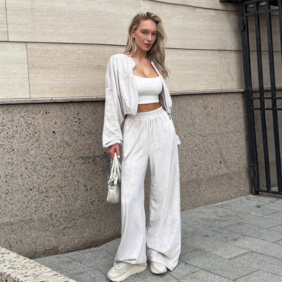 Women's Casual Two-Piece Set Long Sleeve Stand Collar Cardigan & Elastic Waist Pants