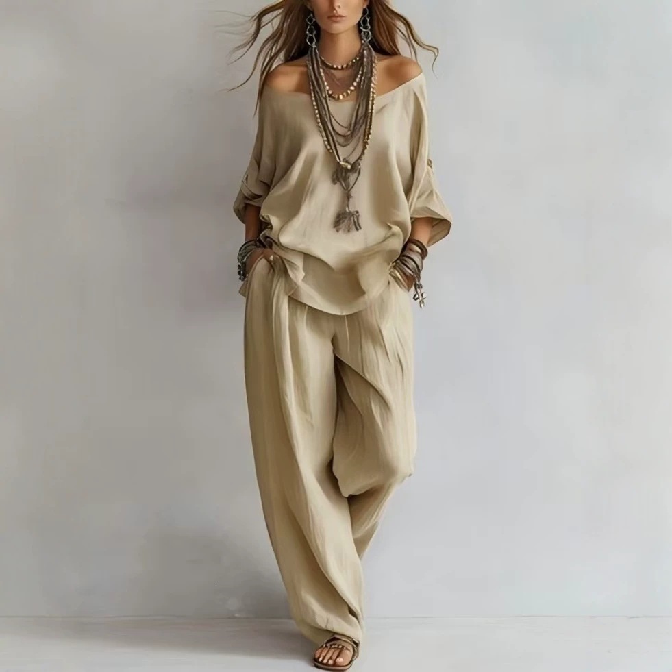 Cotton-Linen Off-Shoulder Wide-Leg Two-Piece Pants Set