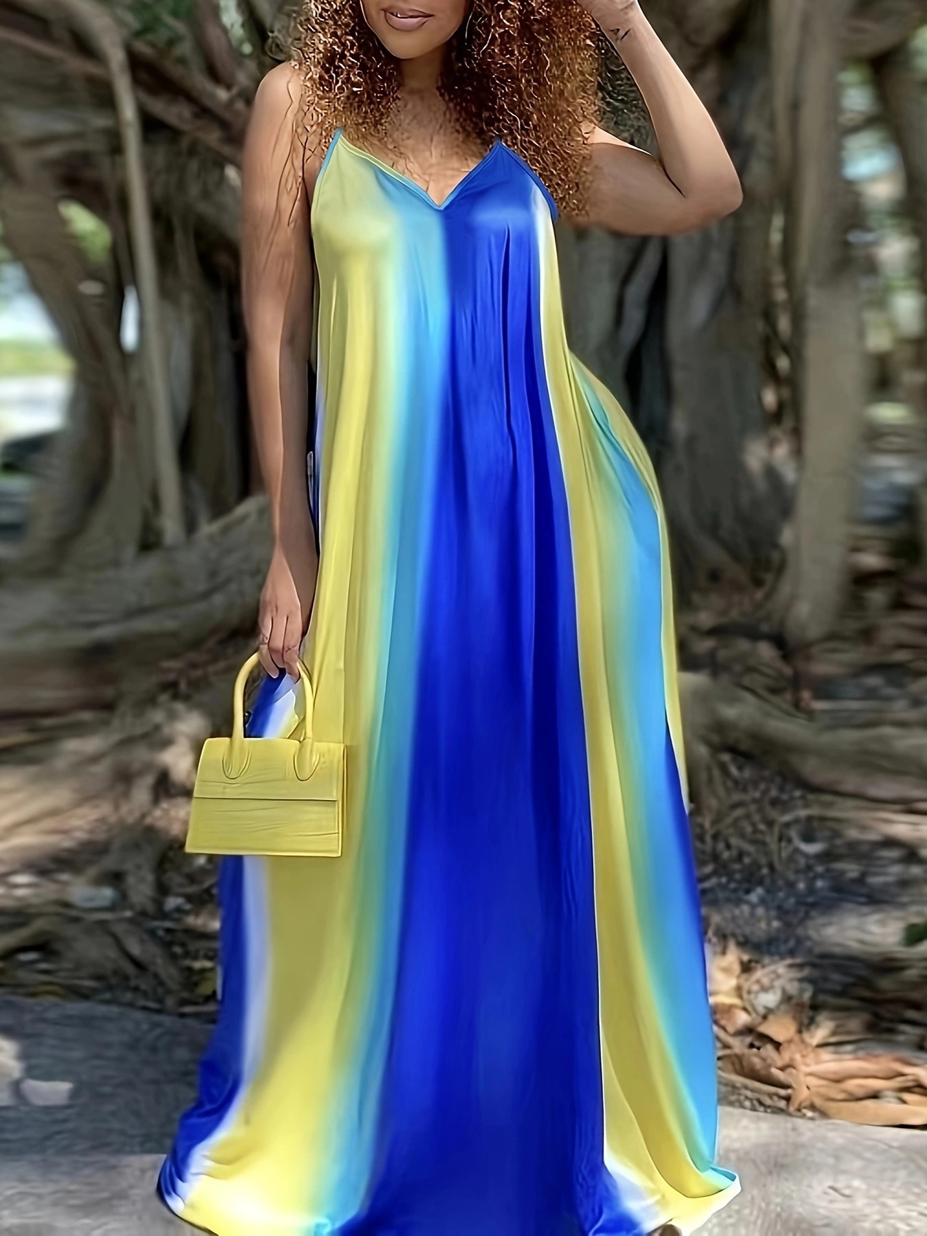 Sexy Gradient Striped Deep V-Neck Cami Dress