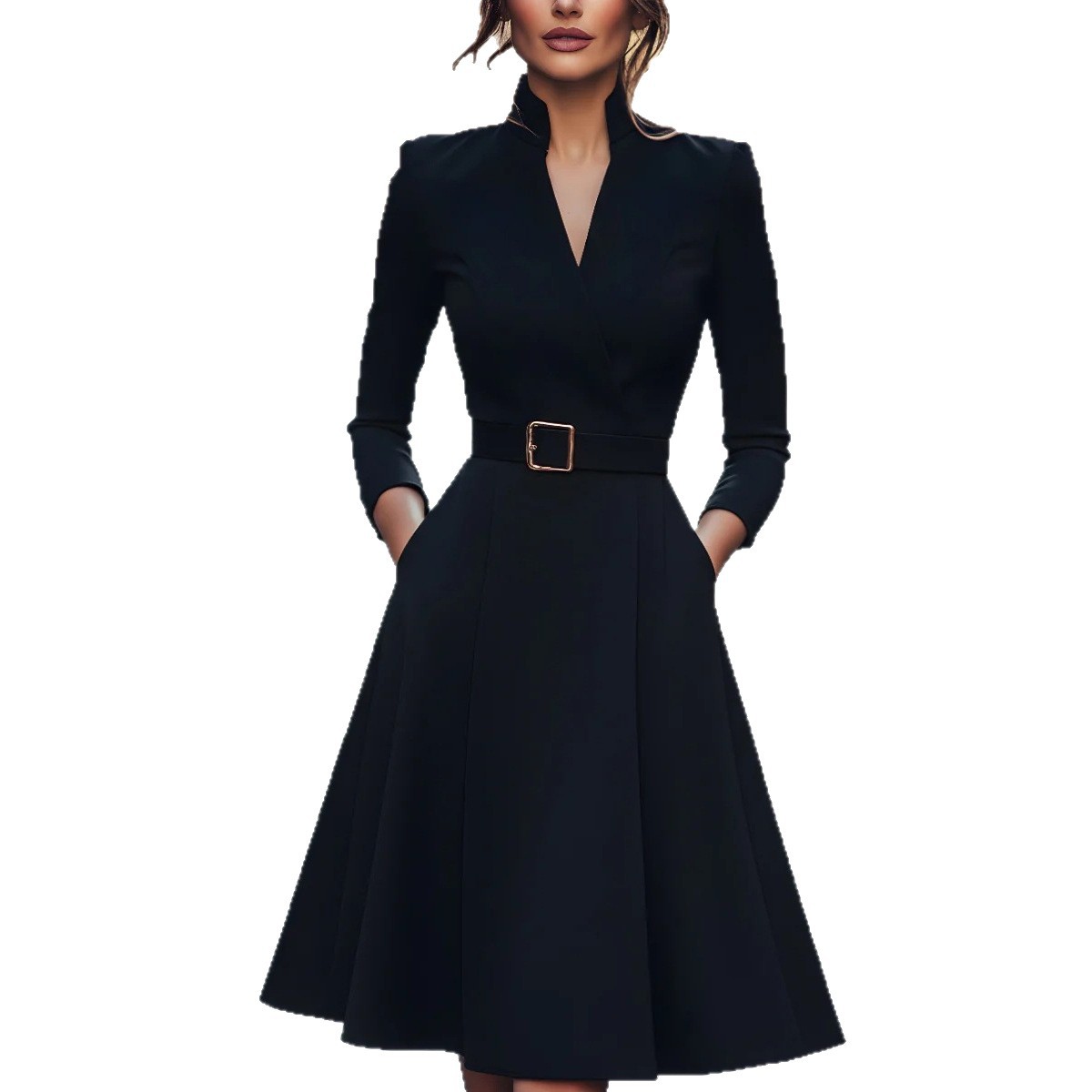 Solid V-Neck Waist-Cinched A-Line Long Sleeve Midi Dress