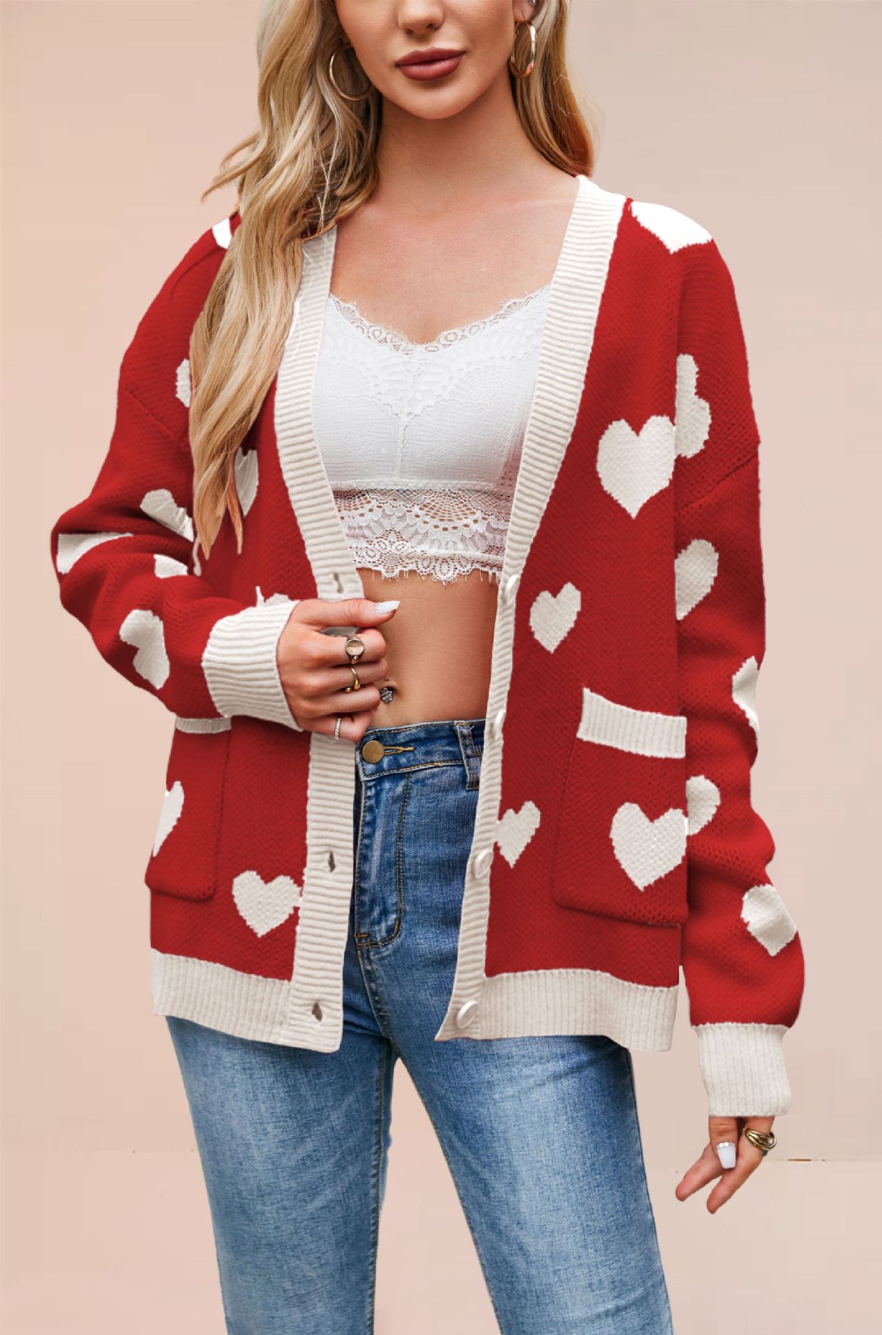 Heart Jacquard V-Neck Cardigan with Pockets