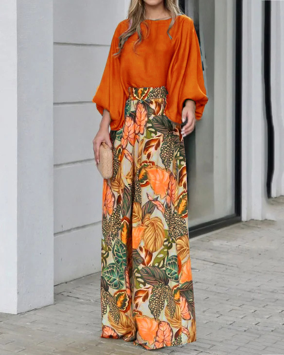 Women's Summer Two-Piece Set with Lantern Sleeve Top and Printed Wide-Leg Pants