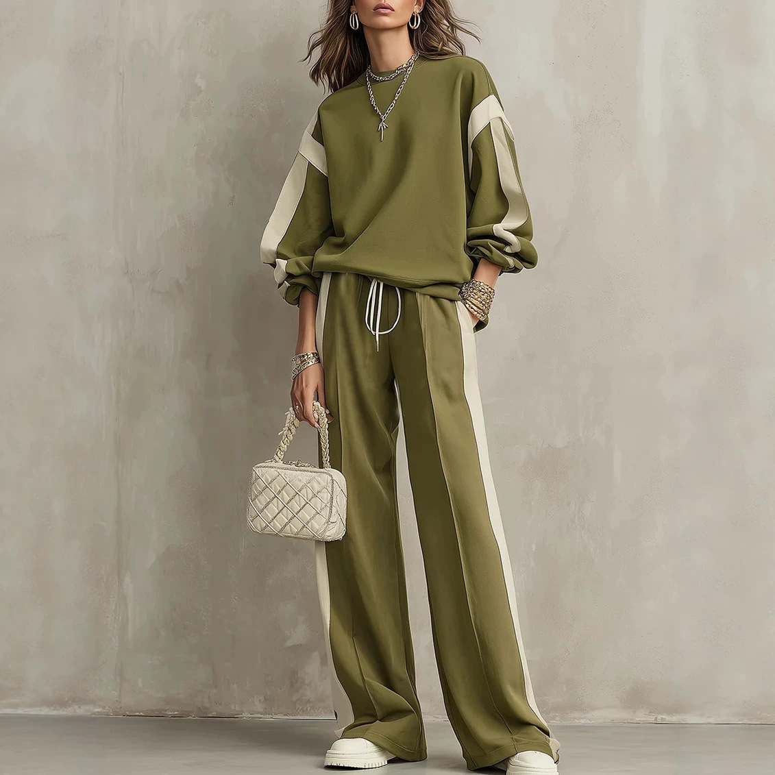Women's Crewneck Sweatshirt & Drawstring Wide-Leg Pants Set