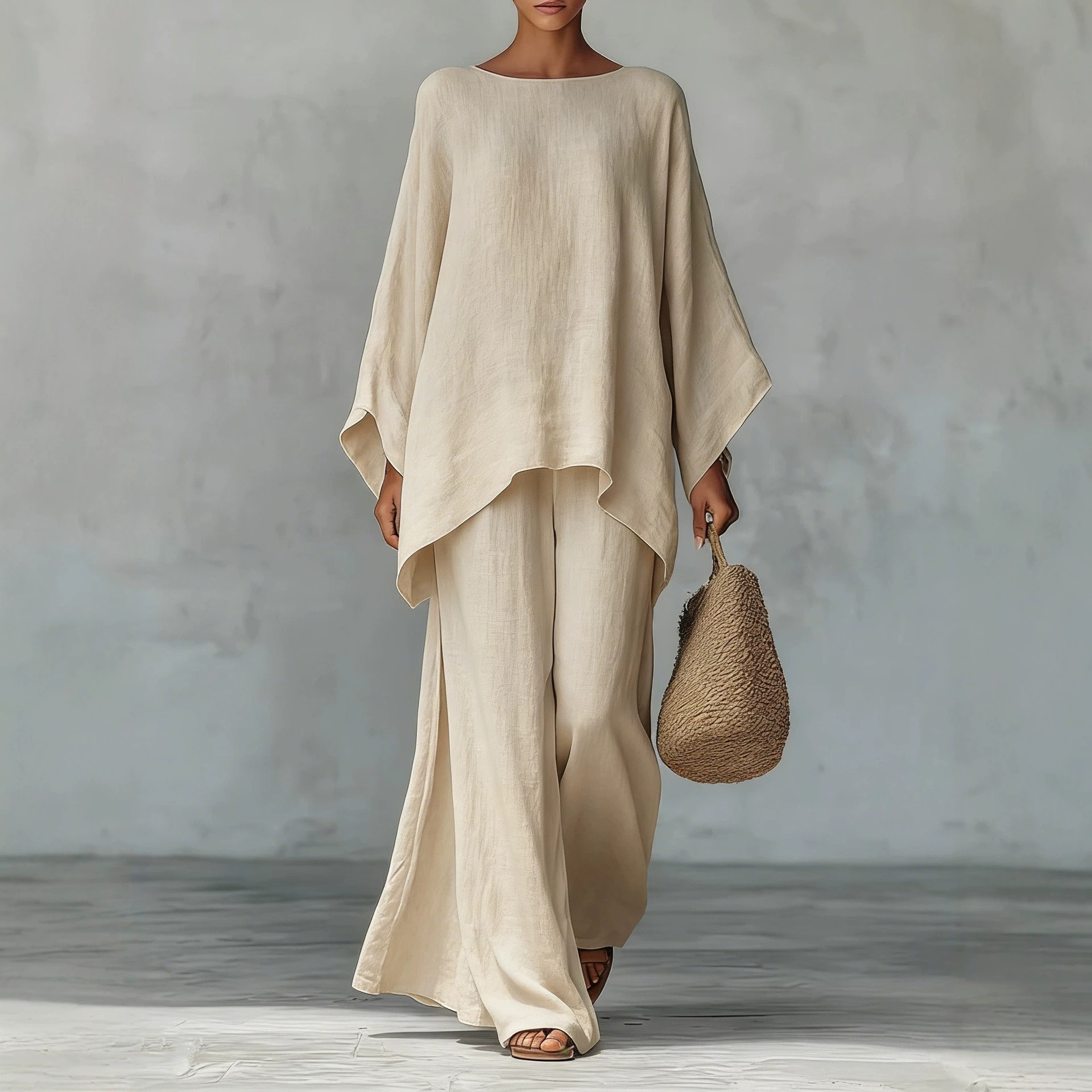Women's Elegant Loose Cotton-Linen Top and Wide-Leg Pants Casual Set