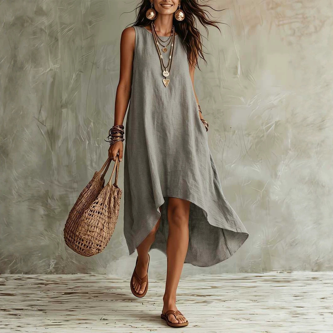 Solid Sleeveless A-Line Maxi Dress Round Neck Loose Fit
