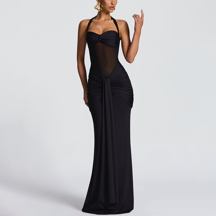 Women's Ruched Backless Bodycon Long Dress