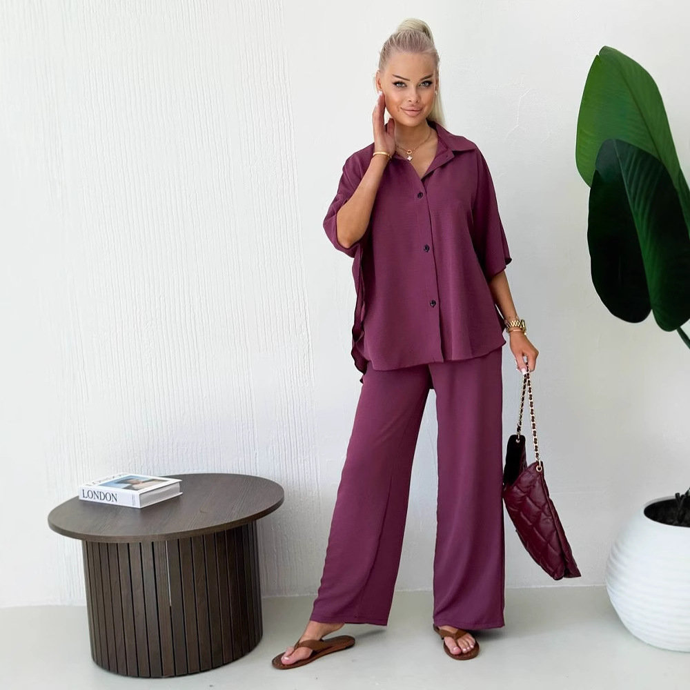 Women's Two-Piece Collared Shirt and Pants Set