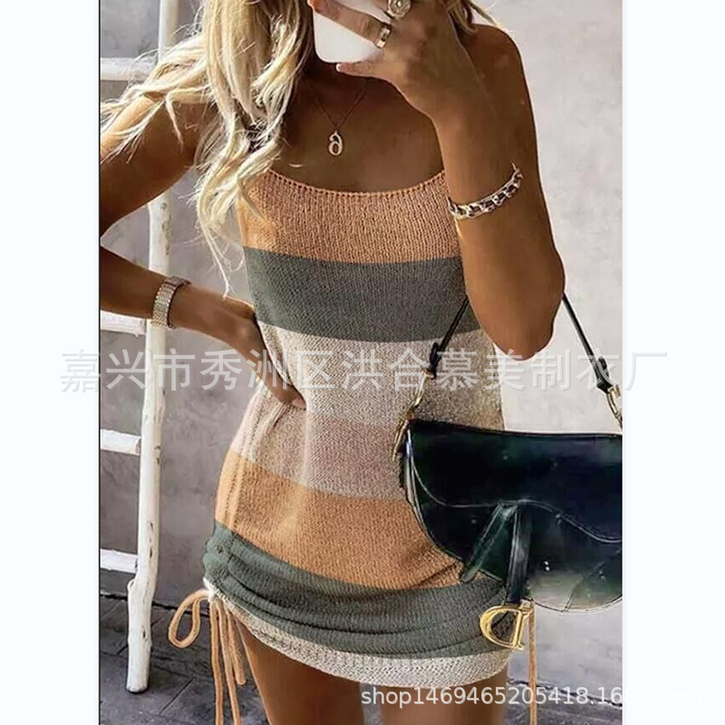 Women's Sleeveless Spaghetti Strap Drawstring Backless Bodycon Dress