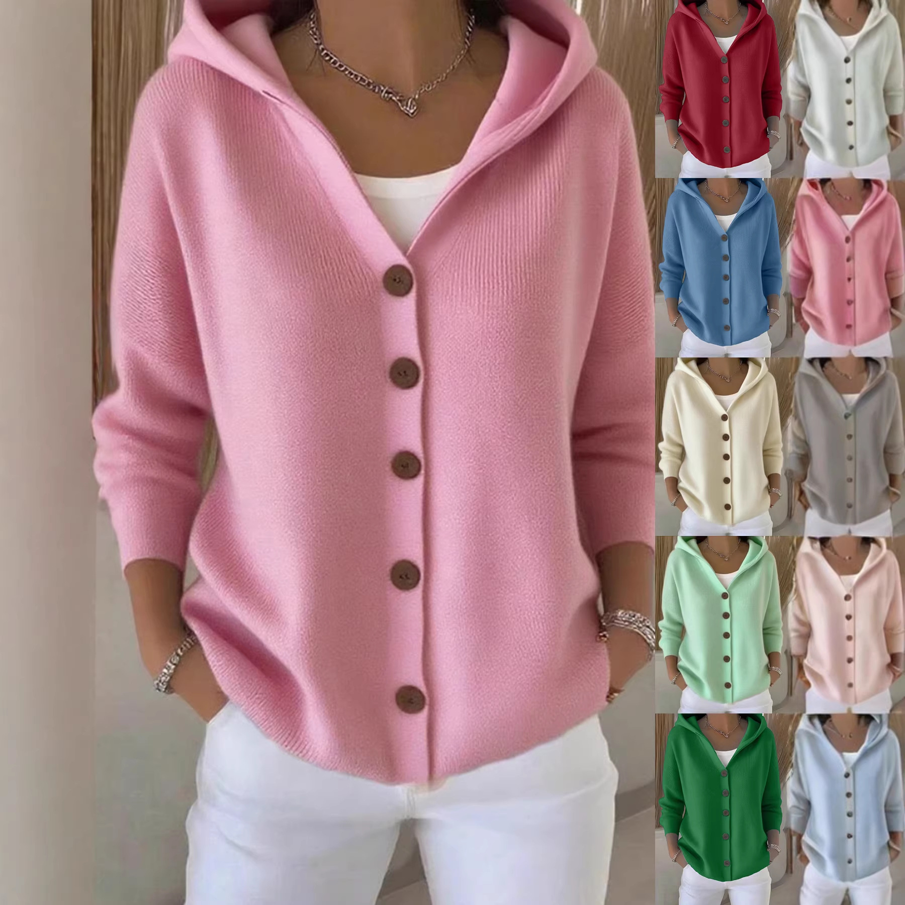 Women's Hooded Knit Cardigan Solid Color Casual Sweater Coat