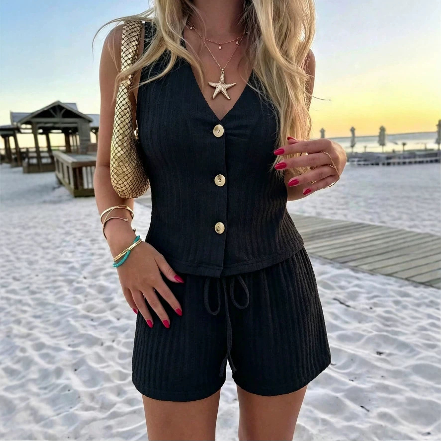 Women's Sleeveless V-Neck Button Two-Piece Set