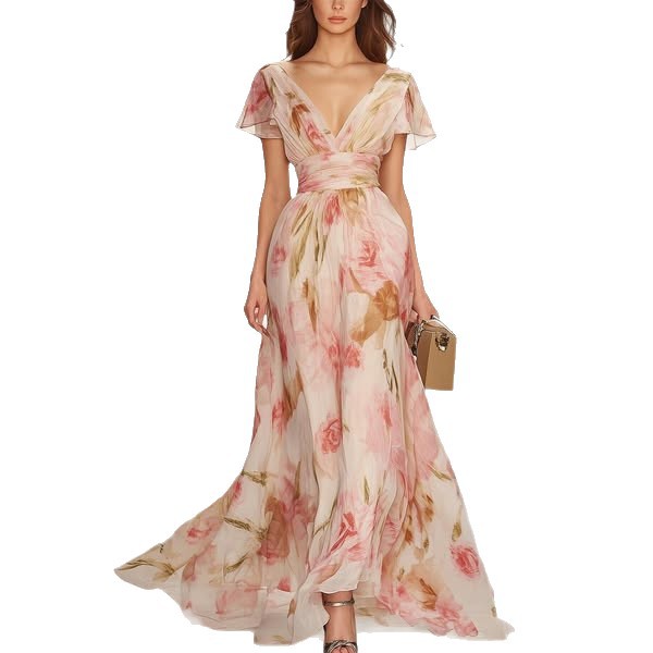 Women's Short Sleeve V-Neck Digital Print Long Dress with Elastic Waist
