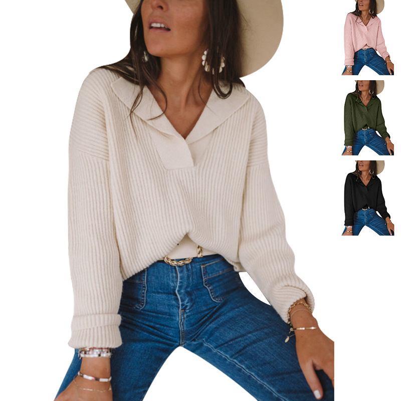 Women's Solid Color Lapel Pullover Sweater