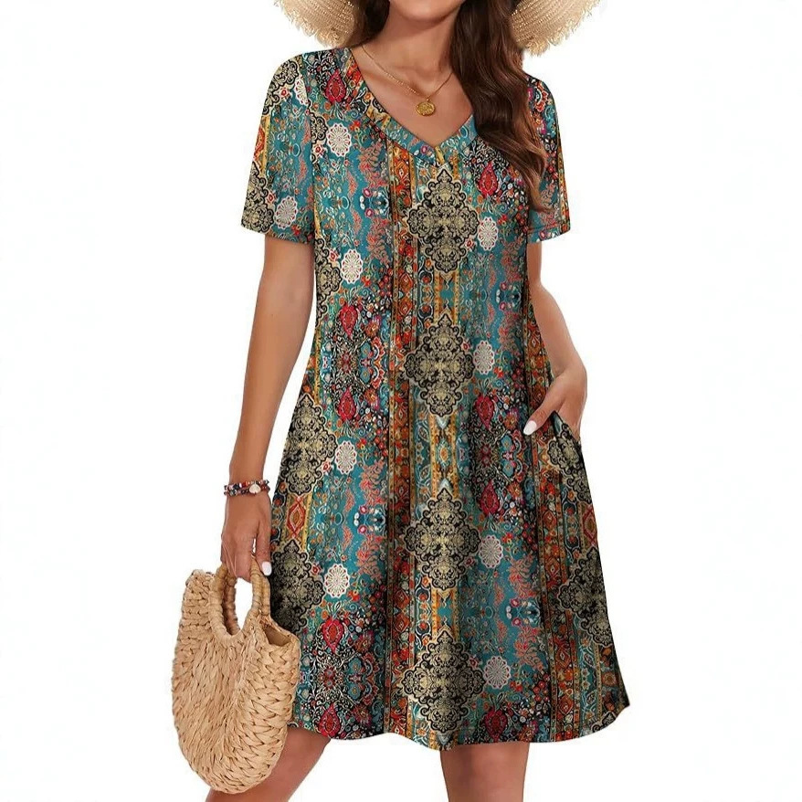 Women's Casual Loose A-Line Midi Dress with Ruffle Neck and Puff Sleeves, Floral Print Beach Vacation Dress