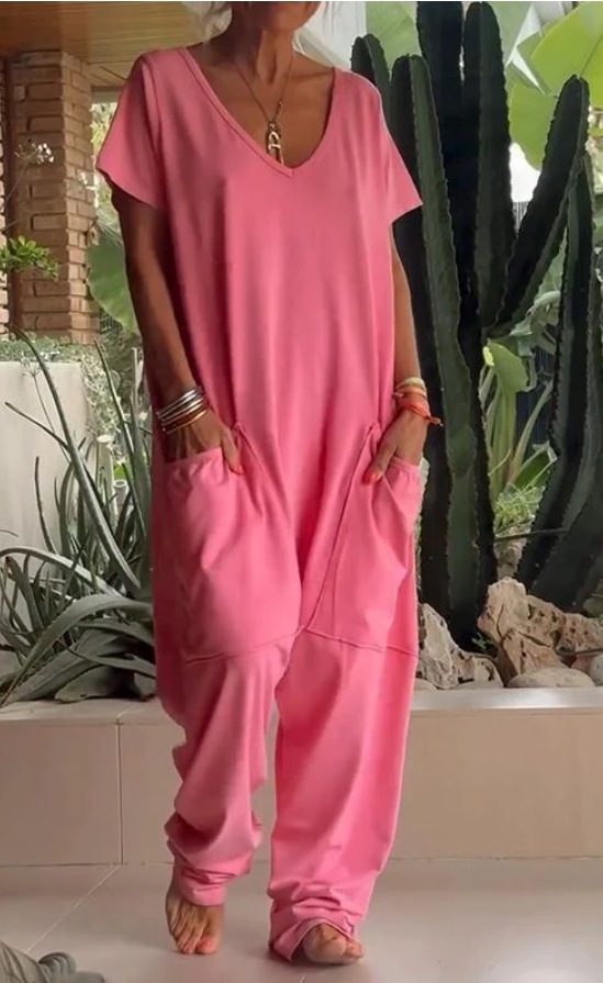 Solid V-Neck Jumpsuit with Oversized Pockets and Low Crotch