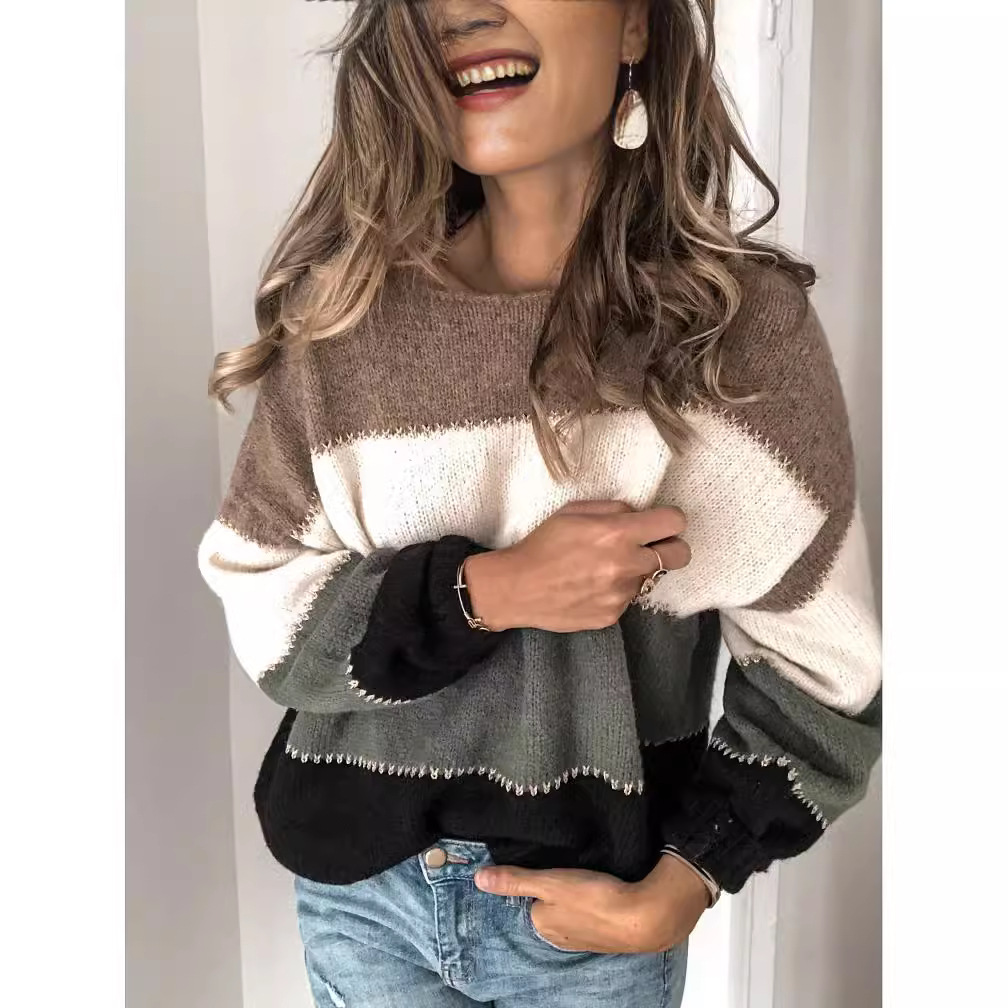 Women's Color-Block Crewneck Midi Loose Knit Sweater