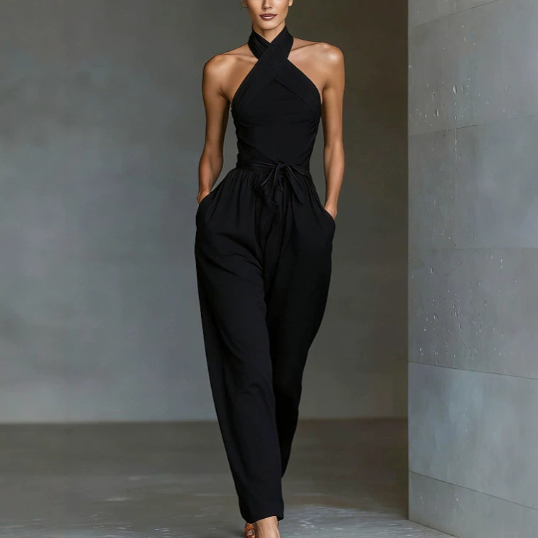 Women's Linen Sleeveless Halter Cross-Tie Wide-Leg Jumpsuit