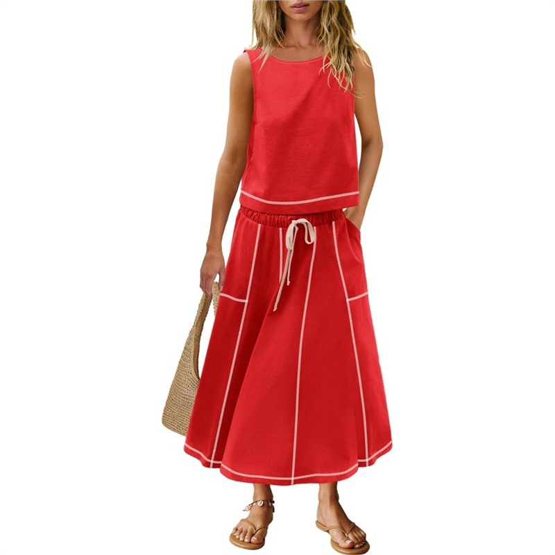 Women's Sleeveless Tank Top and Midi Skirt Two-Piece Set Colorblock