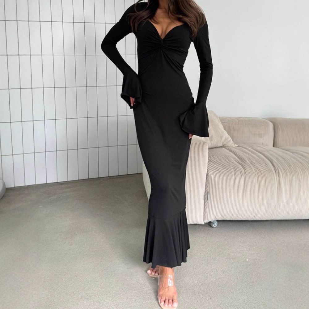 Sexy V-Neck Twist Ruffle Long Sleeve Bodycon Dress