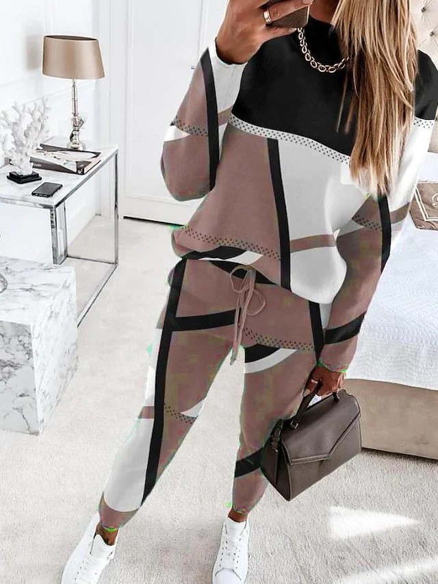Women's Two-Piece Colorblock Print Long-Sleeve Crewneck Casual Set