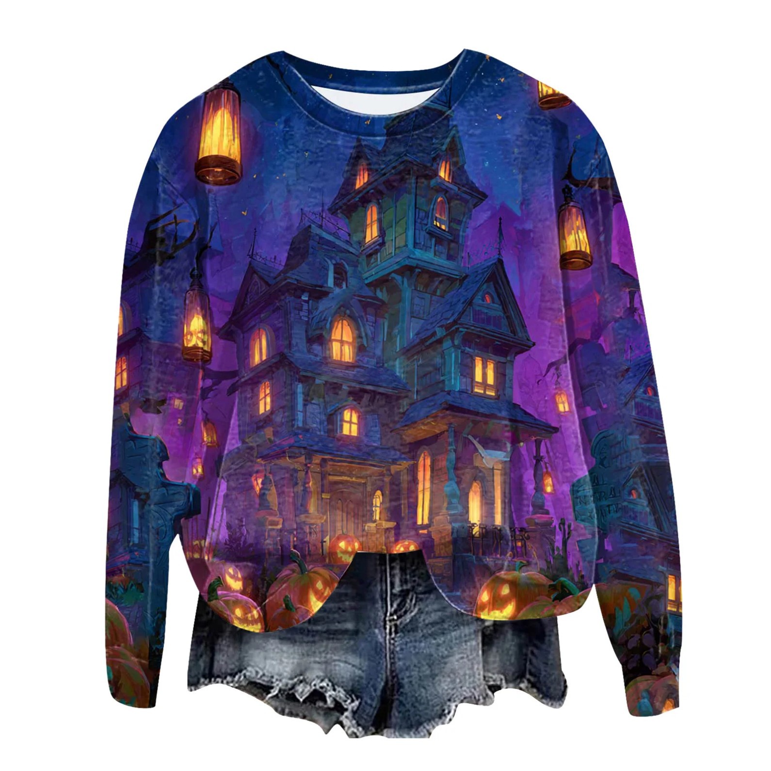 Women's Halloween Cross Castle Ghost Wolf Print Crewneck Sweatshirt
