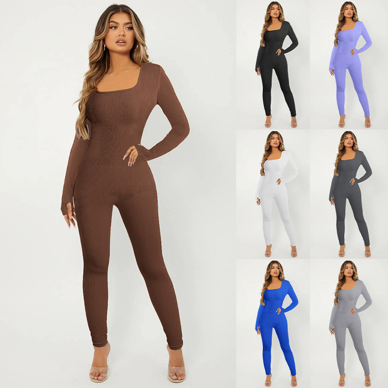 Women's Solid Color Long Sleeve Square Neck Bodysuit Jumpsuit with Butt Lifting