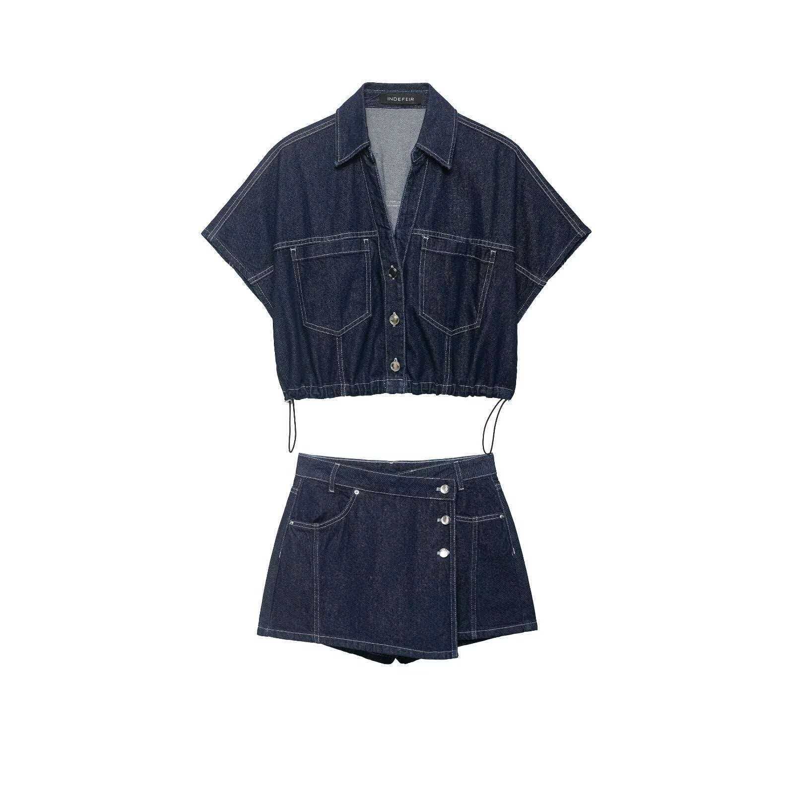 Women's Drawstring Waist Denim Shirt and Skort Set Casual Summer
