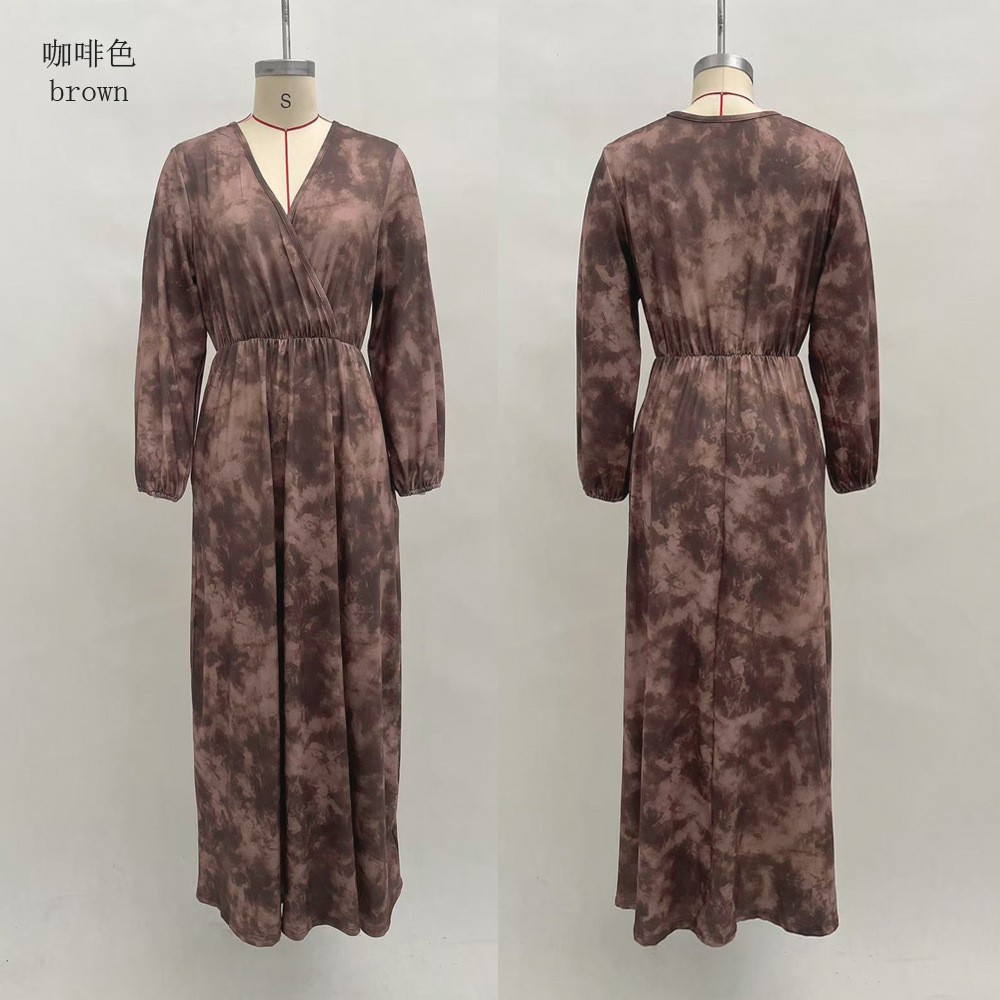 Women's V-Neck Long Sleeve Faux Suede A-Line Maxi Dress