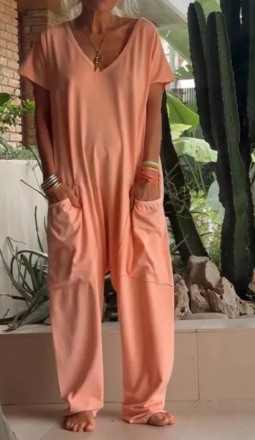 Solid V-Neck Jumpsuit with Oversized Pockets and Low Crotch