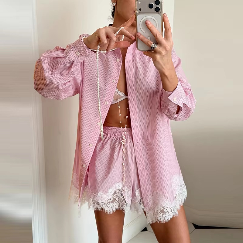 Women's Lace-Trim Shirt and Shorts Set Casual Two-Piece Outfit