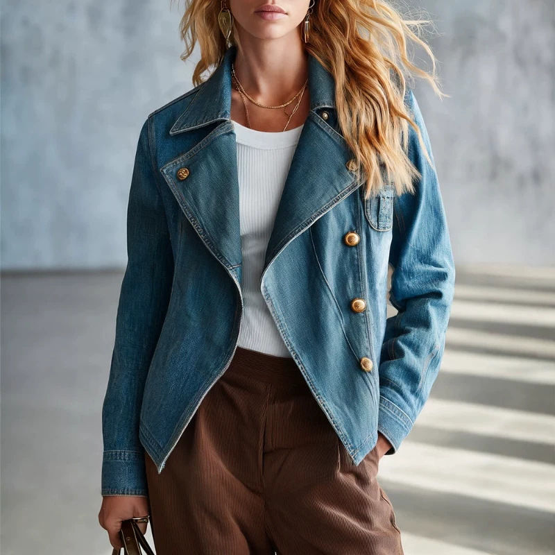 Women's Cropped Slim Fit Denim Jacket with Gold Buttons