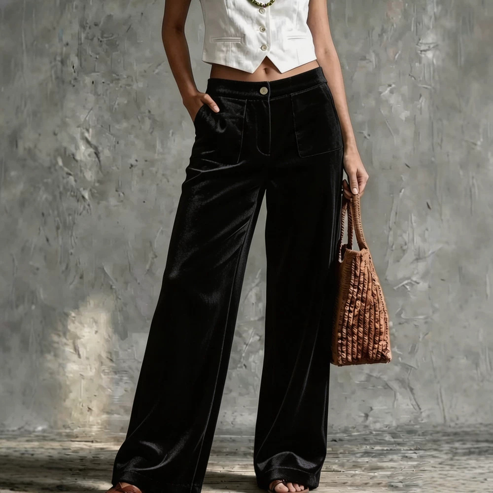 Women's Velvet High-Waist Straight-Leg Pants with Pockets