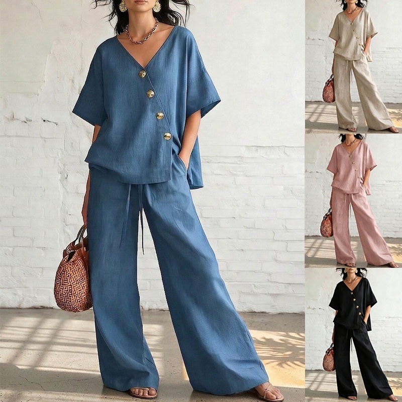 Women's Casual Solid V-Neck Short Sleeve Top and Drawstring Pants Two-Piece Set