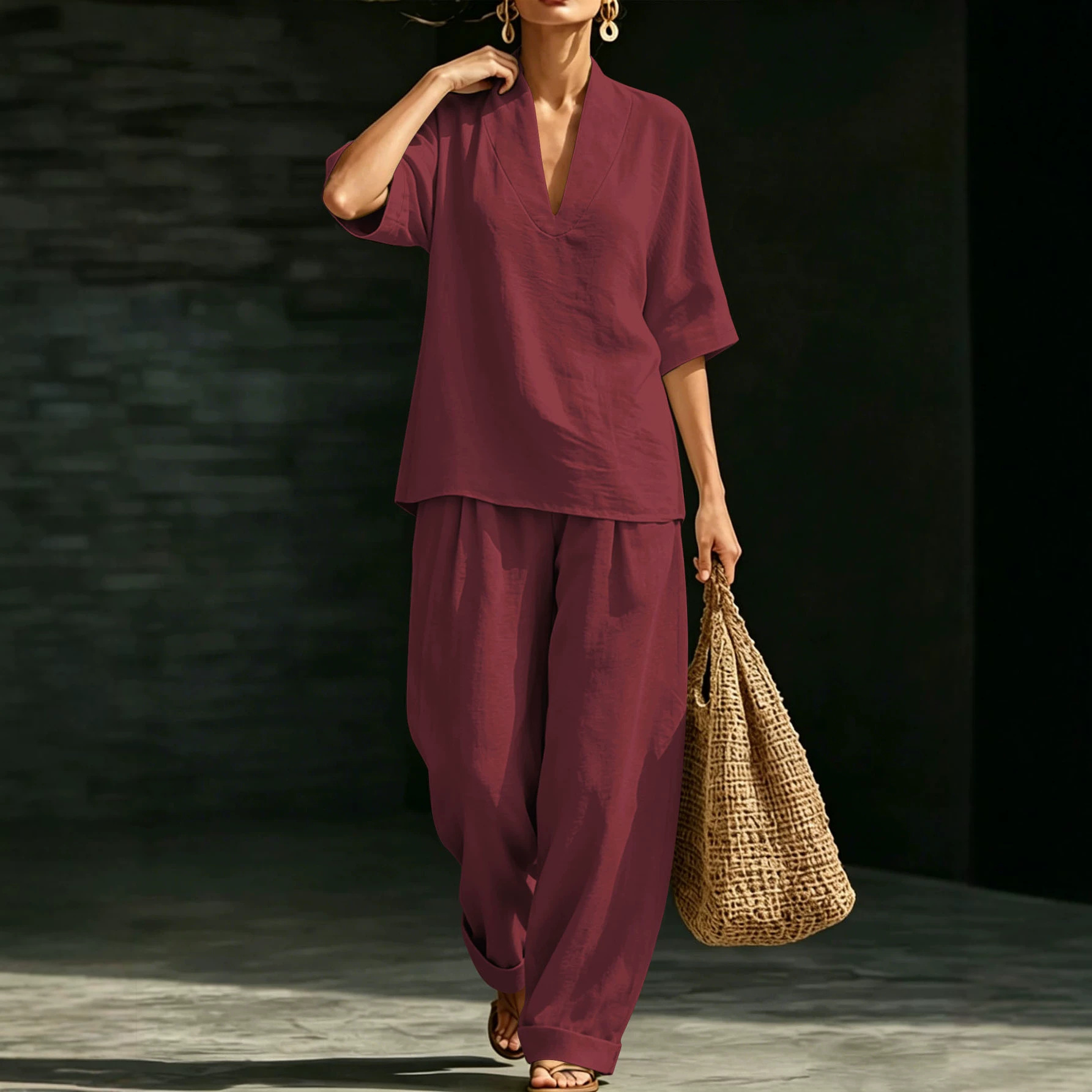 Lazy Style V-Neck Short Sleeve Top and Wide-Leg Pants Two-Piece Set