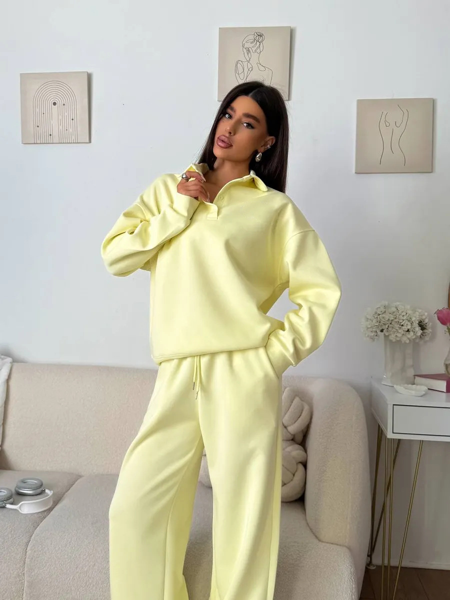 Women's Casual Two-Piece Sweatsuit Solid Color Buttoned Collar Top and Drawstring Pants