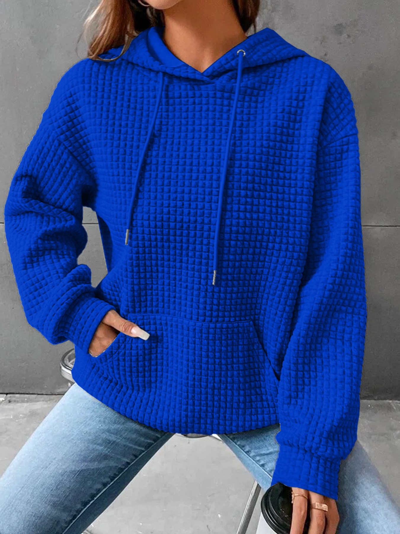 Women's Waffle Knit Crewneck Long-Sleeve Sweatshirt Solid Color