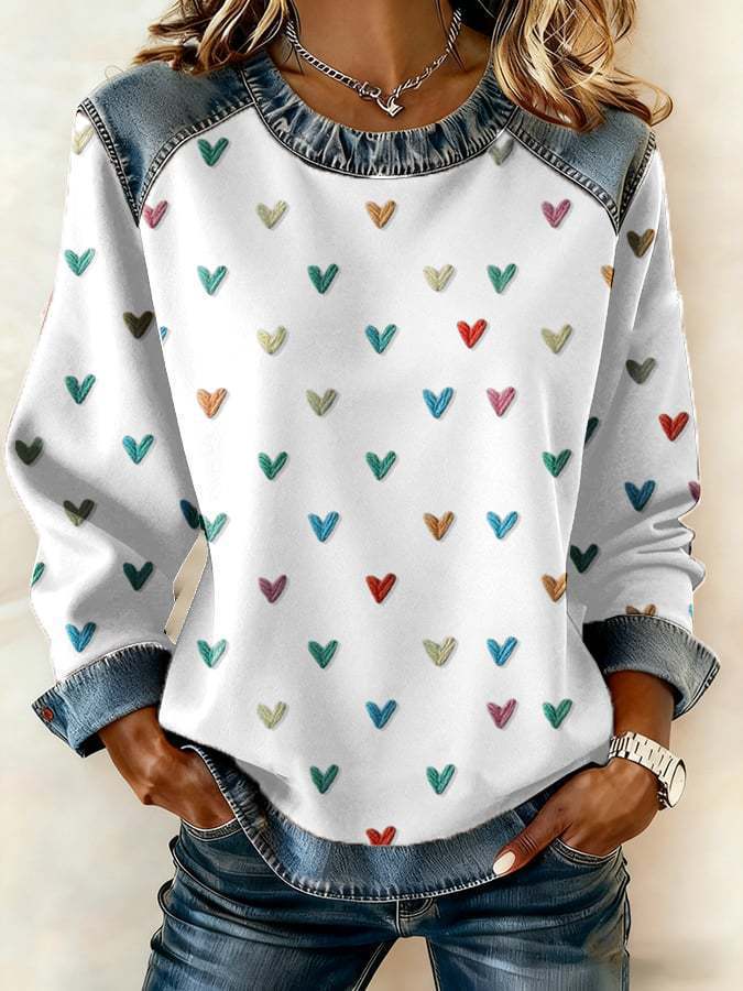 Women's Heart Polka Dot Letter Print Crewneck Sweatshirt