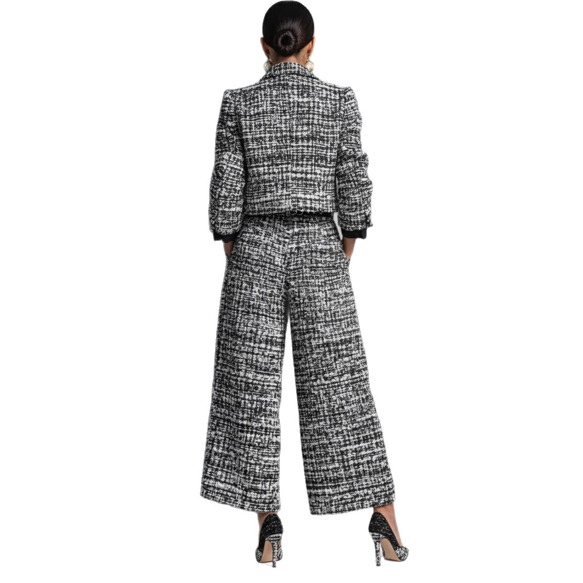 Women's Slim Fit Lapel Collar Long Sleeve Cropped Jacket and Wide Leg Pants Set